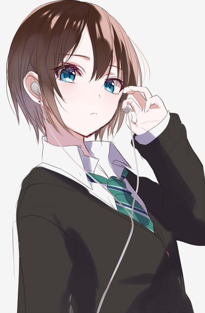 1girl alternate_hair_length alternate_hairstyle black_sweater blue_eyes brown_hair earphones idolmaster idolmaster_cinderella_girls looking_at_viewer necktie school_uniform shibuya_rin short_hair simple_background sinsihukunokonaka striped_neckwear sweater