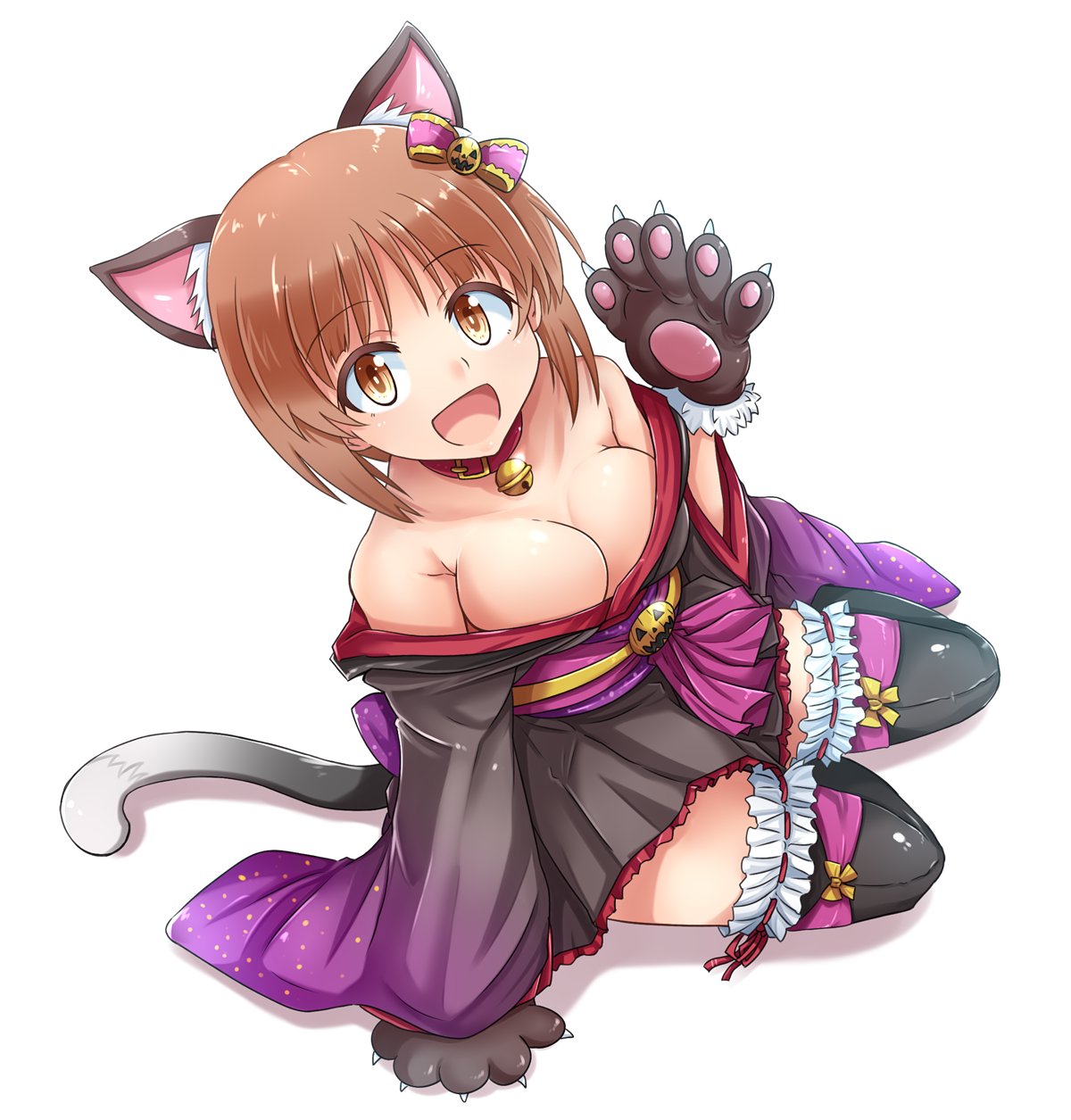1girl animal_ears bangs bell bell_collar black_dress black_legwear bow breasts brown_eyes brown_hair cat_ears cat_tail cleavage collar commentary dress eyebrows_visible_through_hair full_body garters girls_und_panzer gloves hair_bow halloween_costume highres jack-o'-lantern kemonomimi_mode kitayama_miuki leaning_to_the_side medium_breasts nishizumi_miho off_shoulder open_mouth paw_gloves paws pleated_dress sash short_dress short_hair simple_background sitting smile solo tail thigh-highs white_background yokozuwari