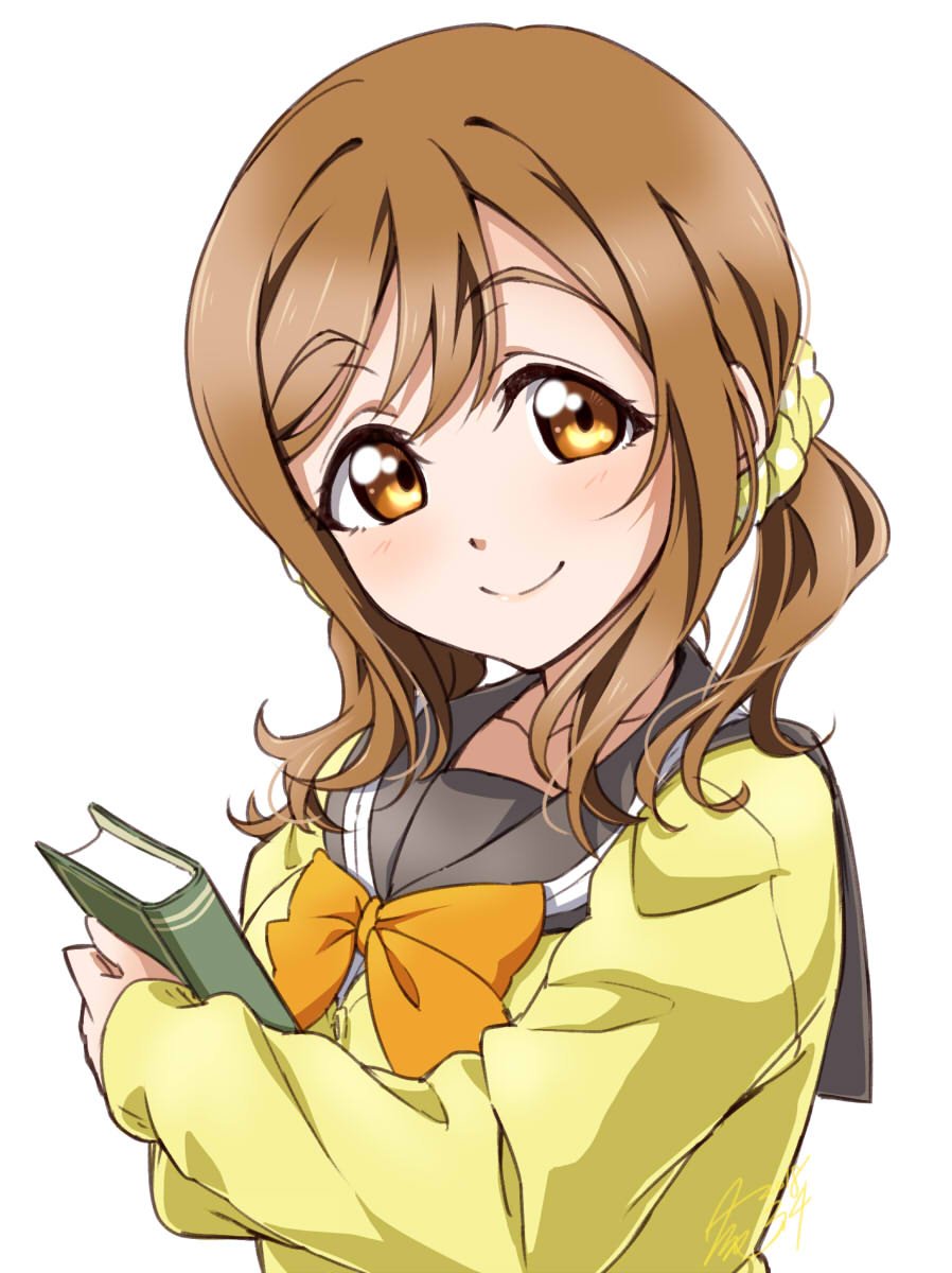 1girl bangs blush book bow bowtie brown_eyes brown_hair closed_mouth collarbone eyebrows_visible_through_hair grey_sailor_collar hair_ornament hair_scrunchie highres holding holding_book long_sleeves love_live! love_live!_sunshine!! orange_bow orange_neckwear polka_dot polka_dot_scrunchie ponytail sailor_collar scrunchie sidelocks signature simple_background sleeves_past_wrists smile solo sweater takeya_yuuki tareme upper_body white_background yellow_sweater