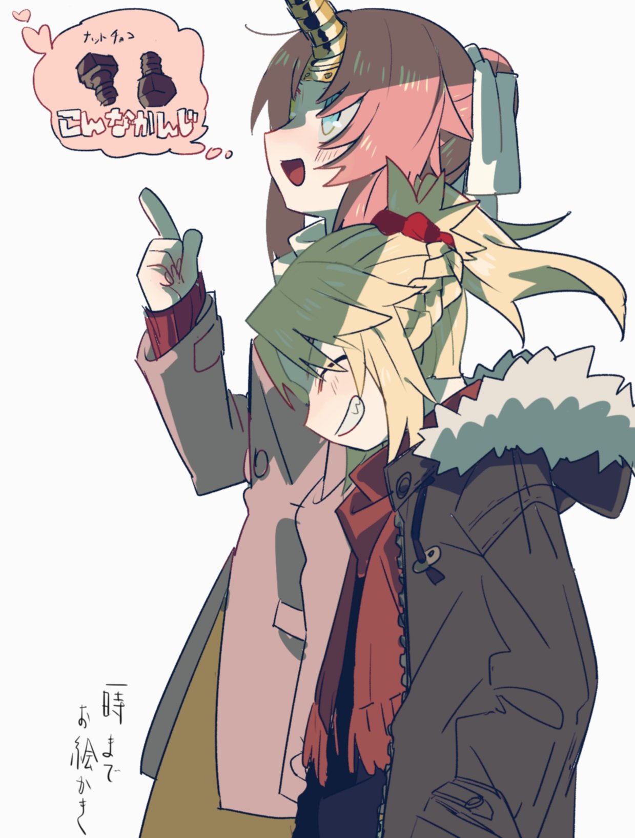 2girls alternate_costume blonde_hair blue_eyes blush casual closed_eyes fate/apocrypha fate_(series) frankenstein's_monster_(fate) grin hair_ornament hair_scrunchie hand_in_pocket hands_in_pockets heterochromia highres horn mordred_(fate) mordred_(fate)_(all) multiple_girls open_mouth pink_hair pointing pointing_up ponytail scrunchie side-by-side smile translation_request uotsu_(sabakou) white_background yellow_eyes