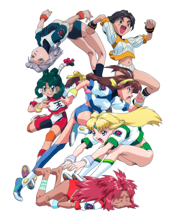 90s anna_respighi aqua_hair arms_up ayla_v_roznovsky barefoot battle_athletes black_hair blonde_hair blue_eyes blue_legwear bracelet brown_hair buruma closed_eyes dark_skin fang hairband jessie_gurtland jewelry kanzaki_akari knee_pads leg_up long_hair low-tied_long_hair lying official_art on_stomach open_mouth outstretched_arms pink_hair profile redhead rimless_eyewear round_eyewear running short_hair short_sleeves simple_background smile tanya_natdhipytadd track_uniform white_background yanagida_ichino