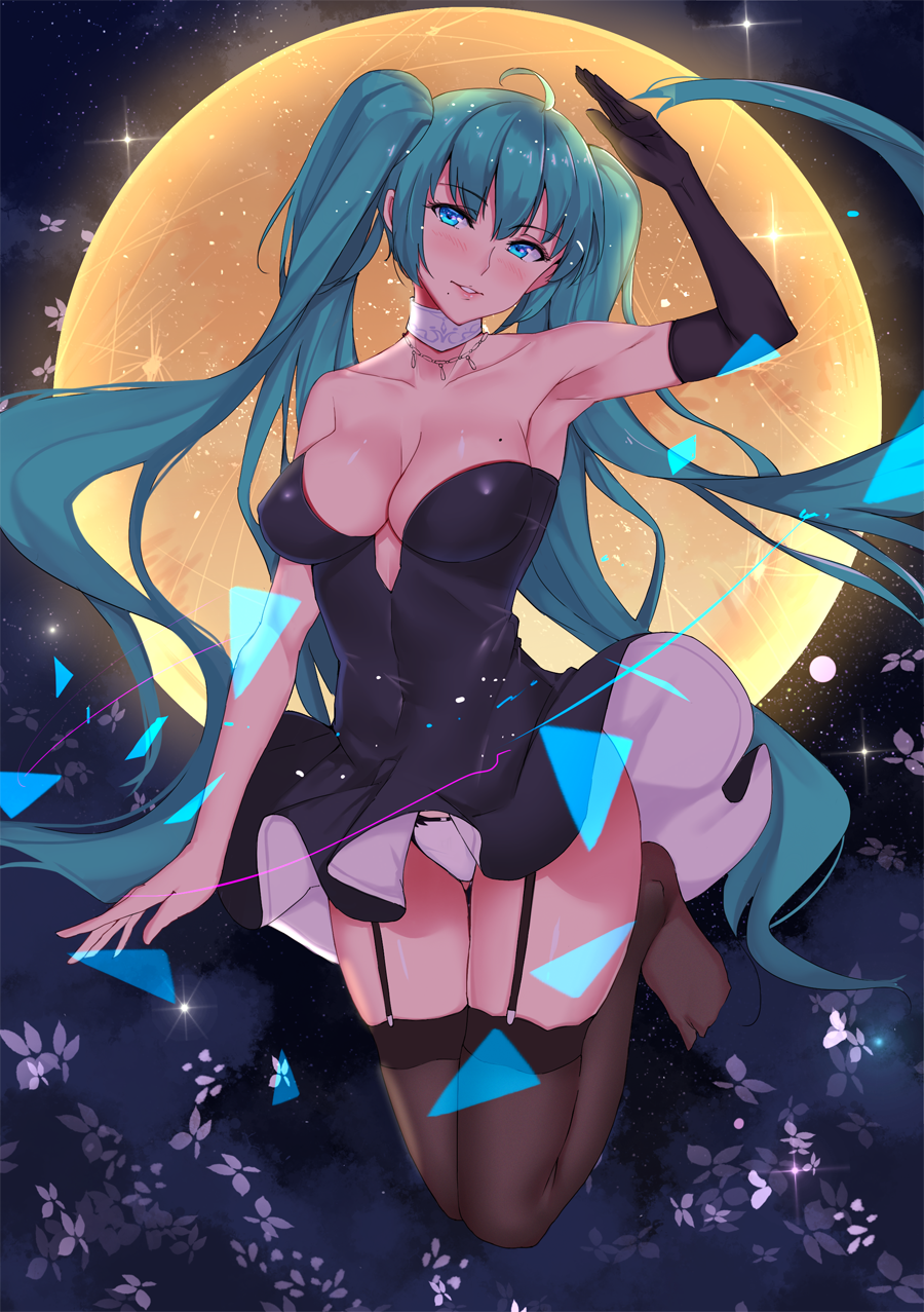 1girl ahoge alternate_breast_size alternate_costume aqua_hair arm_at_side arm_up armpits backlighting bangs bare_shoulders black_dress black_gloves blue_eyes blush breasts brown_legwear choker cleavage collarbone dress elbow_gloves eyebrows_visible_through_hair full_body full_moon garter_straps gloves gluteal_fold hatsune_miku head_tilt highres jumping large_breasts lips long_hair mole mole_on_breast mole_under_mouth moon muko_(kokia38) no_shoes panties pantyshot parted_lips shiny shiny_skin single_elbow_glove single_glove smile solo strapless strapless_dress thigh-highs thigh_gap twintails underwear very_long_hair vocaloid white_choker