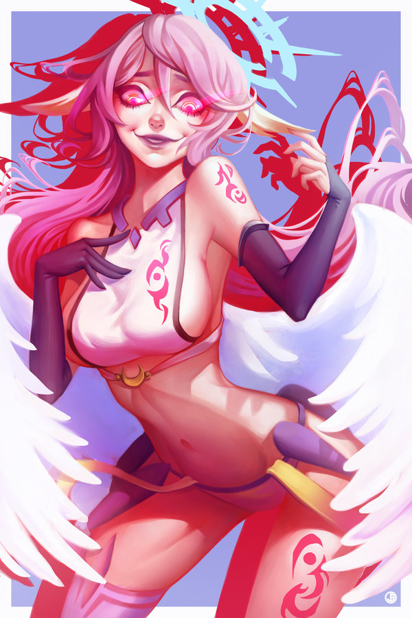 1girl angel_wings breasts bridal_gauntlets commentary crop_top evil_smile feathered_wings gloves halo jellyemily jibril_(no_game_no_life) large_breasts long_hair magic_circle midriff mismatched_legwear navel no_game_no_life pink_hair sideboob smile solo stomach tattoo very_long_hair white_wings wing_ears wings yellow_eyes