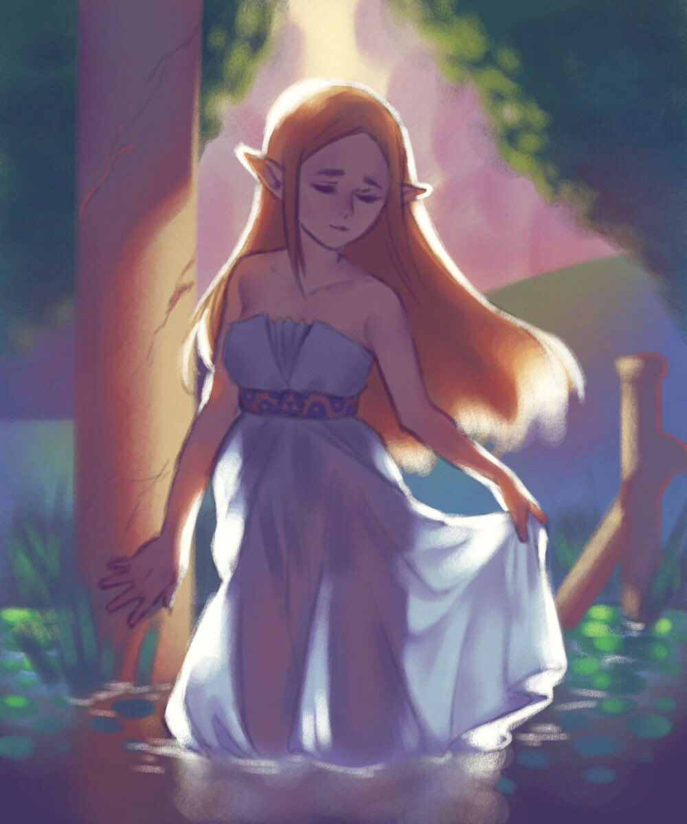 1girl bare_shoulders blonde_hair closed_eyes dress highres hollyfig partially_submerged pillar pointy_ears princess_zelda see-through smile solo strapless strapless_dress sunlight the_legend_of_zelda the_legend_of_zelda:_breath_of_the_wild water wet wet_clothes wet_dress white_dress