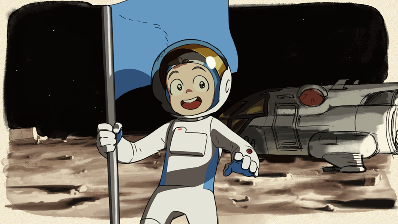 80s animated animated_gif astronaut astronaut_helmet black_sky commentary flag grin jumping oldschool original smile solo space space_craft spacesuit tim_yan work_in_progress
