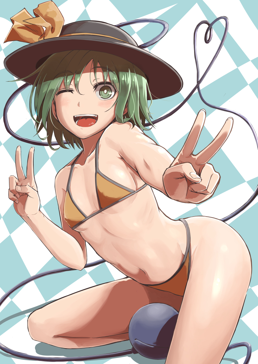 1girl ;d bikini breasts checkered checkered_background commentary_request double_v eyeball green_eyes green_hair hat heart heart_of_string highres komeiji_koishi looking_at_viewer m92fs navel one_eye_closed open_mouth orange_bikini short_hair smile solo swimsuit third_eye touhou v