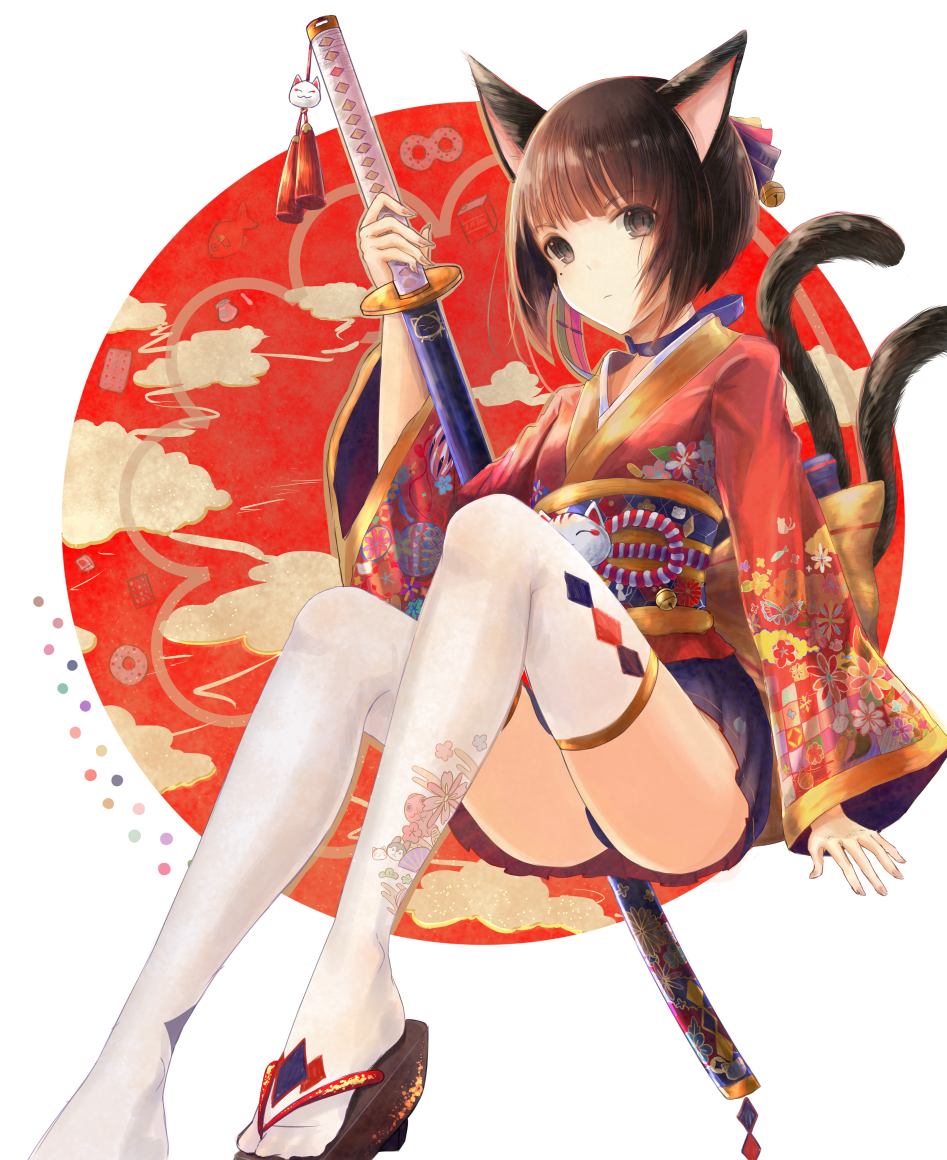 1girl animal_ears bell brown_eyes brown_hair cat_ears cat_tail floral_print foot_out_of_frame geta hair_bell hair_ornament japanese_clothes jingle_bell katana kimono looking_at_viewer mole mole_under_eye multiple_tails original ramune. sheath sheathed short_hair sword tail thighs two_tails weapon white_legwear wide_sleeves