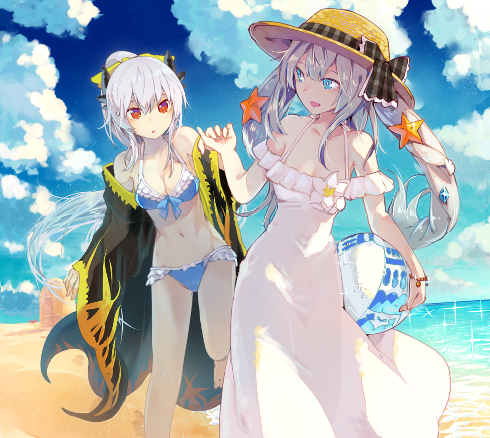 2girls ball beachball bikini blue_bikini blue_bikini_bottom blue_bikini_top blue_eyes blue_sky breasts cleavage clouds coat crab fate/grand_order fate_(series) flame_print hand_holding hat holding holding_ball inaeda_kei kiyohime_(fate/grand_order) kiyohime_(swimsuit_lancer)_(fate) looking_at_another marie_antoinette_(fate/grand_order) marie_antoinette_(swimsuit_caster)_(fate) multiple_girls off_shoulder open_clothes open_coat open_mouth red_eyes sand_castle sand_sculpture silver_hair sky sparkle starfish straw_hat swimsuit