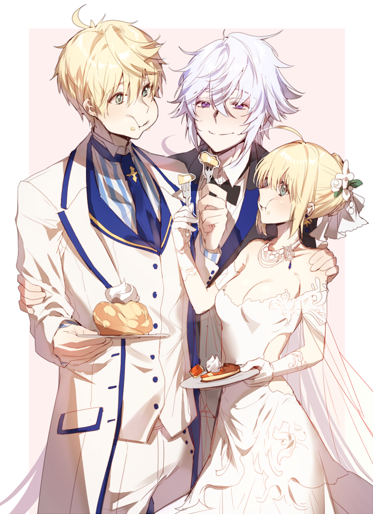 1girl 2boys :t artoria_pendragon_(all) bangs bare_shoulders blonde_hair blue_neckwear blush breasts cake cleavage closed_mouth collarbone collared_shirt cowboy_shot dress earrings eating elbow_gloves eyebrows_visible_through_hair fate/grand_order fate/prototype fate/stay_night fate_(series) flower food food_in_mouth formal gloves green_eyes hair_between_eyes hair_flower hair_ornament hair_ribbon hand_on_another's_arm hand_on_another's_shoulder height_difference holding holding_plate jacket jewelry long_sleeves looking_at_another looking_down looking_up merlin_(fate/stay_night) midriff multiple_boys myo_ne necklace necktie off-shoulder_dress off_shoulder outside_border pants pink_background plate ribbon saber saber_(fate/prototype) see-through shirt short_hair silver_hair simple_background slice_of_cake small_breasts smile standing standing_on_one_leg striped striped_shirt suit vertical-striped_shirt vertical_stripes vest violet_eyes white_dress white_gloves white_jacket white_pants white_ribbon white_vest wing_collar