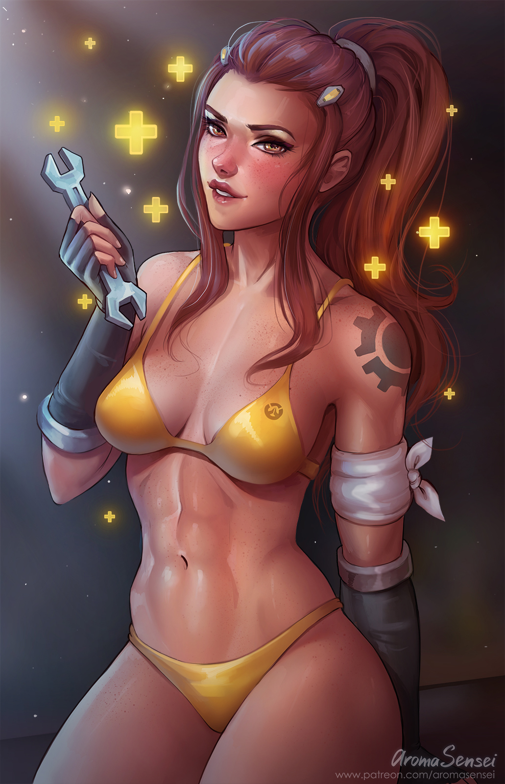 1girl aroma_sensei artist_name bikini breasts brigitte_(overwatch) brown_eyes brown_hair cleavage cowboy_shot fingerless_gloves freckles gloves grey_background highres holding_wrench lips long_hair looking_at_viewer medium_breasts navel overwatch parted_lips ponytail shoulder_tattoo sidelocks signature smile solo swimsuit tattoo teeth watermark web_address wrench yellow_bikini