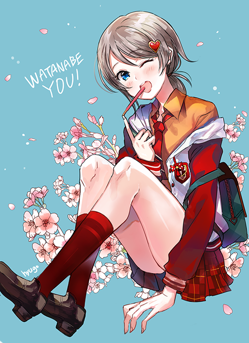 1girl ;d bag blue_background blue_eyes blush brown_footwear brown_hair character_name collared_shirt emblem eyebrows_visible_through_hair flower food full_body hair_ornament hairclip heart heart_hair_ornament hyugo jacket kneehighs loafers long_hair long_sleeves looking_at_viewer love_live! love_live!_sunshine!! low_ponytail miniskirt necktie off_shoulder one_eye_closed open_clothes open_jacket open_mouth orange_shirt petals pink_flower plaid plaid_skirt pleated_skirt pocky red_legwear red_neckwear red_skirt school_bag school_uniform shiny shiny_skin shirt shoes sitting skirt smile solo tareme thighs unbuttoned watanabe_you white_jacket wing_collar