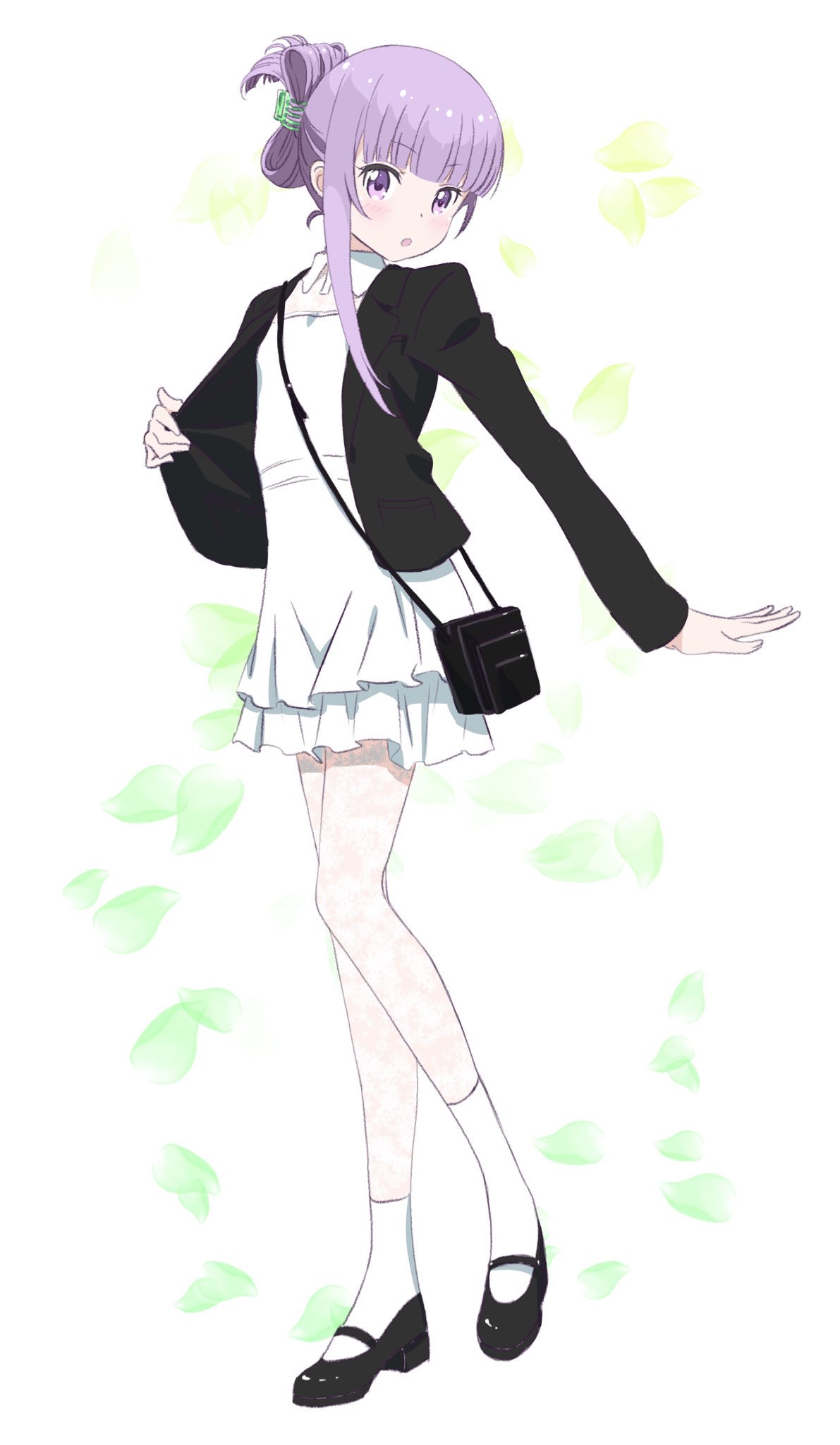 1girl asymmetrical_hair black_footwear black_jacket dress eyebrows_visible_through_hair full_body hair_ornament head_tilt highres jacket layered_dress long_hair mary_janes new_game! open_clothes open_jacket open_mouth purple_hair shoes short_dress sidelocks simple_background solo standing suzukaze_aoba violet_eyes white_background white_dress white_legwear