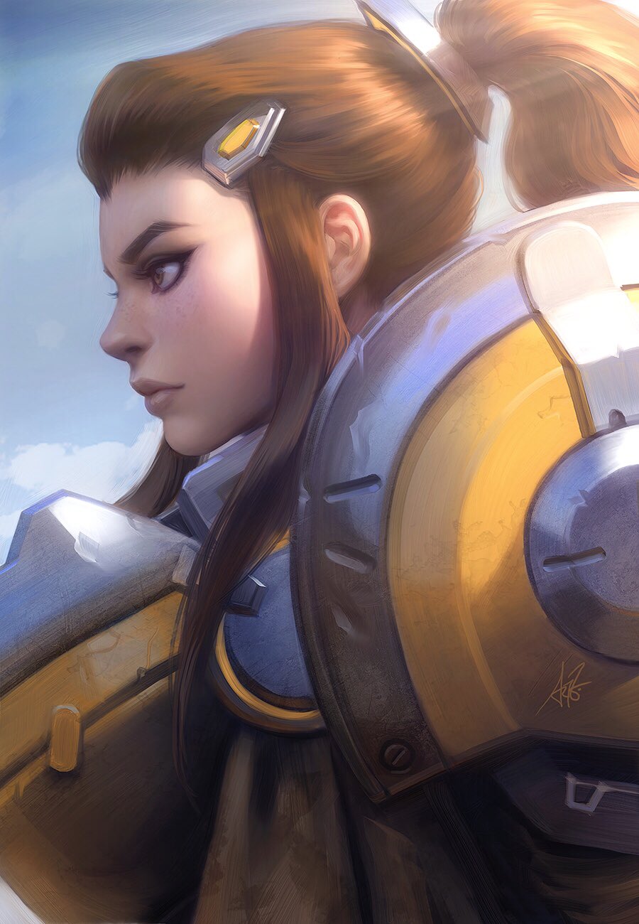 1girl armor blue_sky brigitte_(overwatch) brown_armor brown_eyes brown_hair closed_mouth clouds commentary day expressionless eyelashes freckles from_side hair_ornament highres light_rays lips long_hair looking_away outdoors overwatch ponytail profile sidelocks signature sky stanley_lau sunlight upper_body