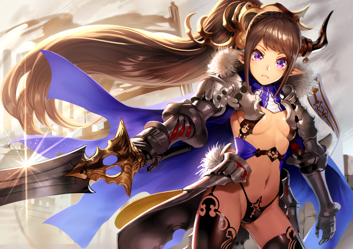 1girl armor ass_visible_through_thighs bangs black_legwear black_panties blush breasts breasts_apart brown_hair building cape cowboy_shot day faulds floating_hair fur_collar garter_straps gauntlets glint hair_ornament holding holding_sword holding_weapon horns long_hair looking_at_viewer medium_breasts navel ogino_(oginogino) original outstretched_arm panties pauldrons pointy_ears ponytail revealing_clothes shiny shiny_hair shoulder_armor sidelocks solo standing sword thigh-highs under_boob underwear v-shaped_eyebrows very_long_hair violet_eyes weapon wind