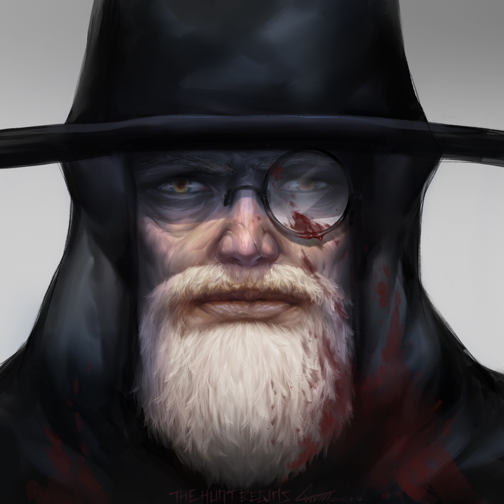 1boy 2015 beard black_hat blood blood_on_face bloodborne bloody_clothes brown_eyes closed_mouth commentary dated english facial_hair hat hunter_(bloodborne) kkop looking_at_viewer monocle number portrait signature solo