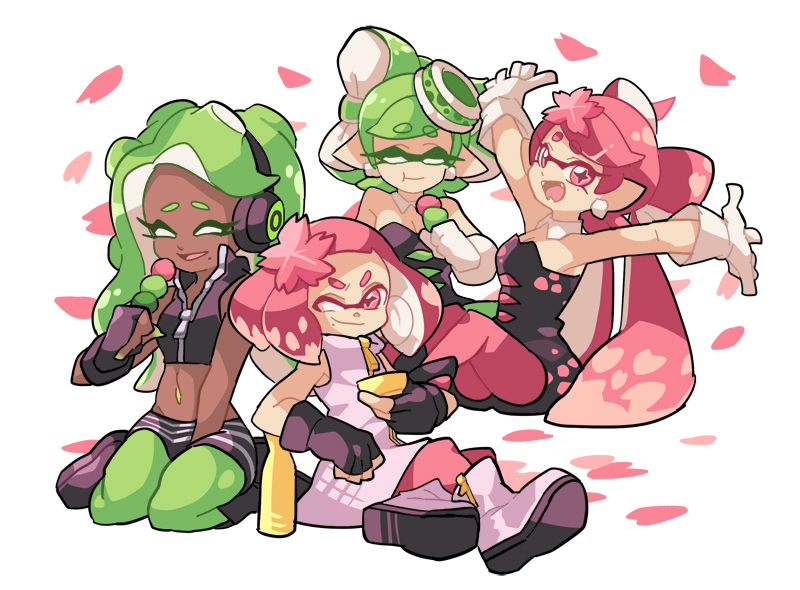 4girls aori_(splatoon) bottle cherry_blossoms dango fangs food hime_(splatoon) hotaru_(splatoon) iida_(splatoon) multiple_girls one_eye_closed petals sake_bottle sitting smile splatoon splatoon_1 splatoon_2 symbol-shaped_pupils tentacle_hair wagashi wong_ying_chee