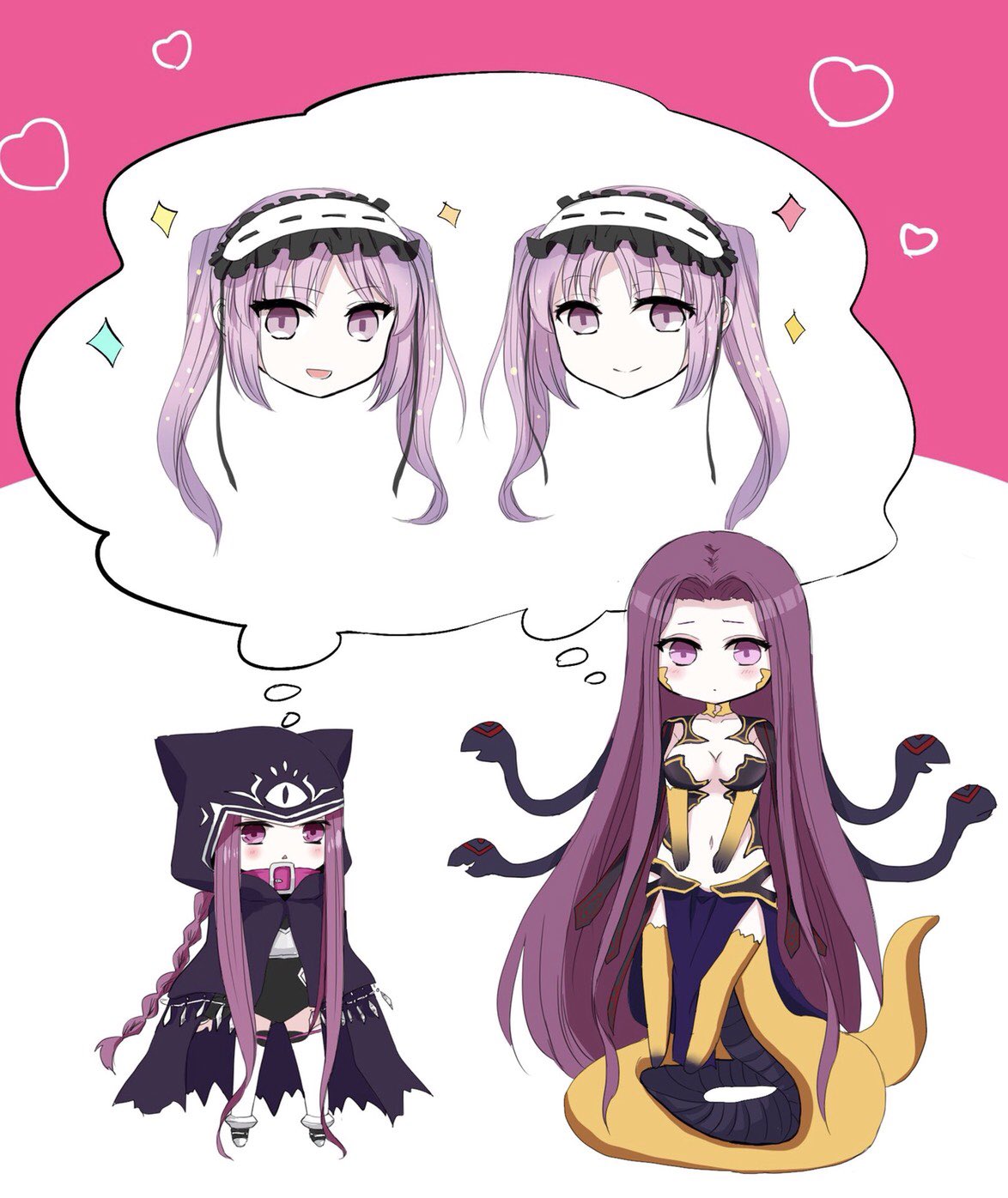 2girls blush breasts cleavage collar commentary_request dual_persona euryale fate/grand_order fate_(series) gorgon_(fate) hairband heart highres hood hoodie imagining lolita_hairband long_braid long_hair medusa_(fate) medusa_(fate)_(all) medusa_(lancer)_(fate) multiple_girls navel no_nose open_mouth purple_hair rider scales shared_thought_bubble siblings sidelocks sisters smile snake_hair snake_tail sparkle stheno thought_bubble twins twintails very_long_hair violet_eyes you_at_pome