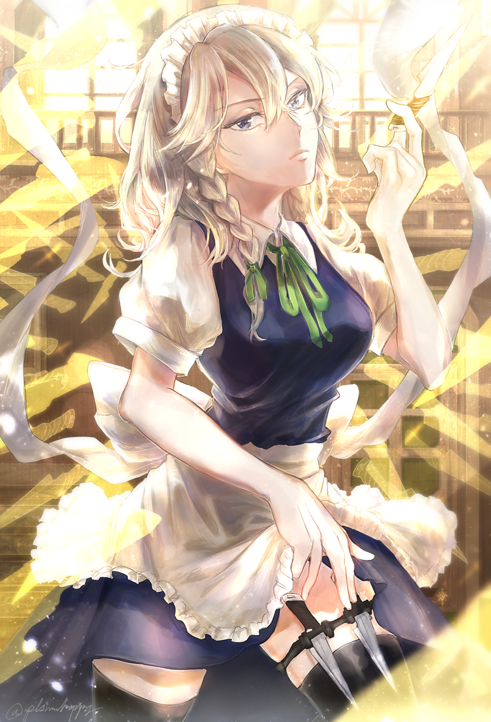 1girl apron between_fingers black_legwear blue_eyes blue_vest braid breasts cowboy_shot eyebrows_visible_through_hair green_ribbon highres indoors izayoi_sakuya knife knife_holster light_frown light_particles looking_at_viewer maid_headdress medium_breasts puffy_short_sleeves puffy_sleeves railing ribbon rihori short_hair short_sleeves silver_hair skirt skirt_lift solo thigh-highs touhou tsurime twin_braids twitter_username vest waist_apron window