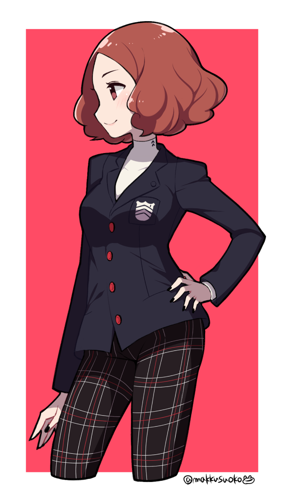 1girl blazer blush brown_eyes brown_hair commentary_request do_m_kaeru jacket okumura_haru pants persona persona_5 plaid plaid_pants short_hair shuujin_academy_uniform smile turtleneck twitter_username