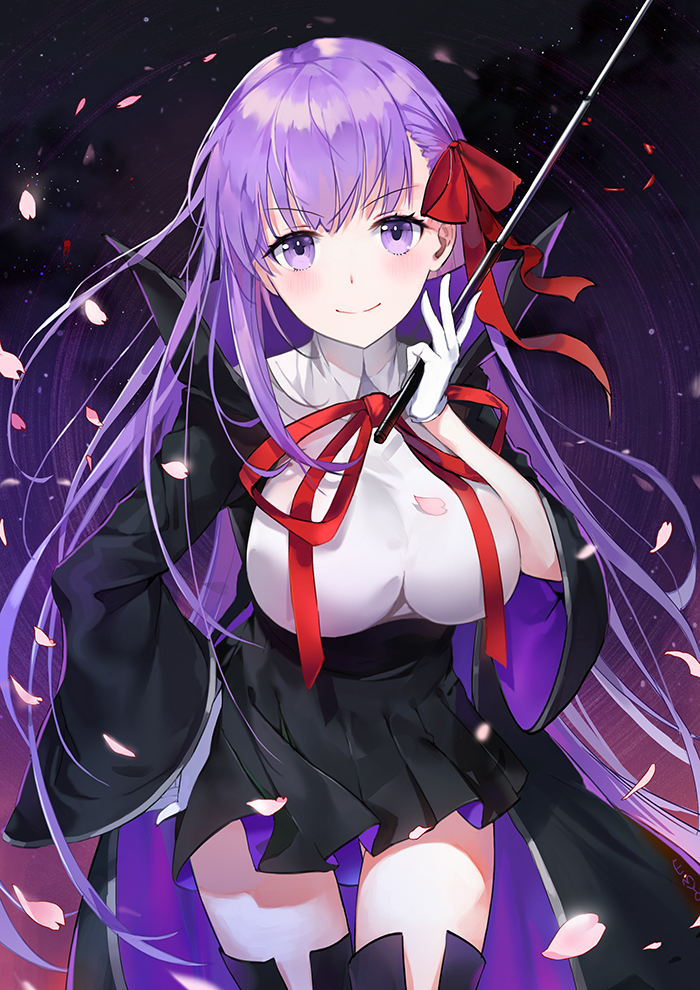 1girl bangs bb_(fate/extra_ccc) black_coat black_legwear black_skirt blush breasts fate/extra fate/extra_ccc fate_(series) gloves hair_ribbon hand_on_hip high-waist_skirt high_collar holding holding_wand large_breasts long_hair looking_at_viewer neck_ribbon petals pleated_skirt purple_hair red_ribbon ribbon skirt smile solo thighs very_long_hair violet_eyes wand white_gloves wide_sleeves yumaomi