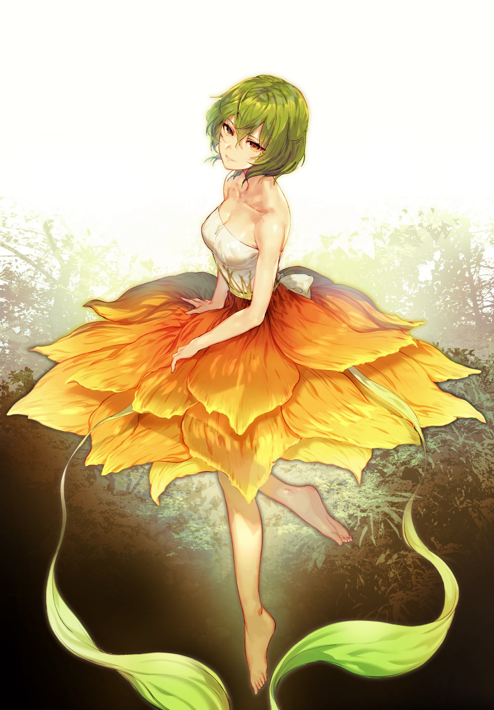 1girl alternate_costume bare_arms bare_shoulders barefoot breasts cleavage collarbone commentary_request dress forest green_hair grin hair_between_eyes head_tilt highres kazami_yuuka looking_at_viewer medium_breasts multicolored multicolored_clothes multicolored_dress nature orange_dress parted_lips red_eyes short_hair smile solo standing standing_on_one_leg strapless strapless_dress touhou uu_uu_zan white_dress