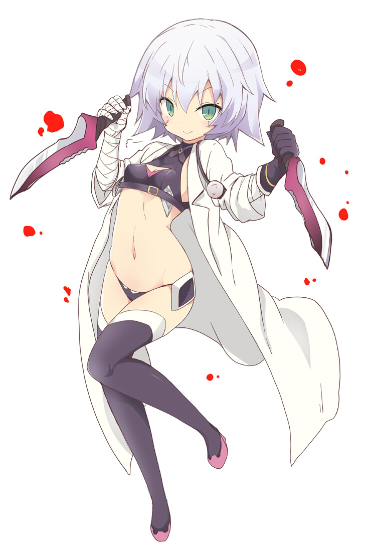 &gt;:) 1girl bandage bandaged_arm black_gloves black_legwear black_panties black_shirt boots breasts cleavage cleavage_cutout closed_mouth crop_top dual_wielding fate/apocrypha fate_(series) full_body gloves green_eyes holding holding_knife holding_weapon itamochi jack_the_ripper_(fate/apocrypha) knife labcoat midriff navel panties scar shirt short_hair silver_hair simple_background single_glove sleeveless sleeveless_shirt small_breasts smile stethoscope stitches string_panties thigh-highs thigh_boots turtleneck underwear v-shaped_eyebrows weapon white_background