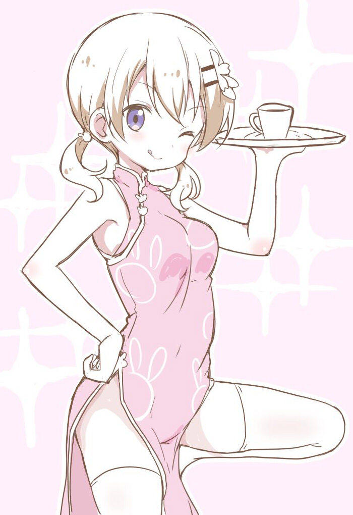 1girl ;q animal_print bangs bare_arms bare_shoulders blush breasts bunny_print china_dress chinese_clothes closed_mouth coffee_cup dress eyebrows_visible_through_hair gochuumon_wa_usagi_desu_ka? hair_between_eyes hair_ornament hairclip hand_on_hip holding holding_tray hoto_cocoa itamochi long_hair low_twintails medium_breasts one_eye_closed partially_colored pelvic_curtain pink_background pink_dress print_dress sleeveless sleeveless_dress smile solo sparkle standing standing_on_one_leg thigh-highs tongue tongue_out tray twintails violet_eyes