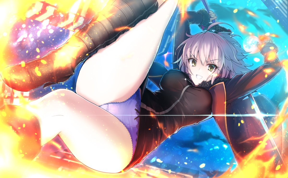 1girl :d ahoge arms_up black_dress black_footwear black_jacket boots breasts brown_eyes dress eyebrows_visible_through_hair fate/grand_order fate_(series) fire high_heel_boots high_heels holding holding_weapon jacket jeanne_d'arc_(alter)_(fate) jeanne_d'arc_(fate)_(all) knee_boots large_breasts looking_at_viewer open_clothes open_jacket open_mouth panties purple_panties saiki_rider short_dress short_hair silver_hair smile solo underwear weapon