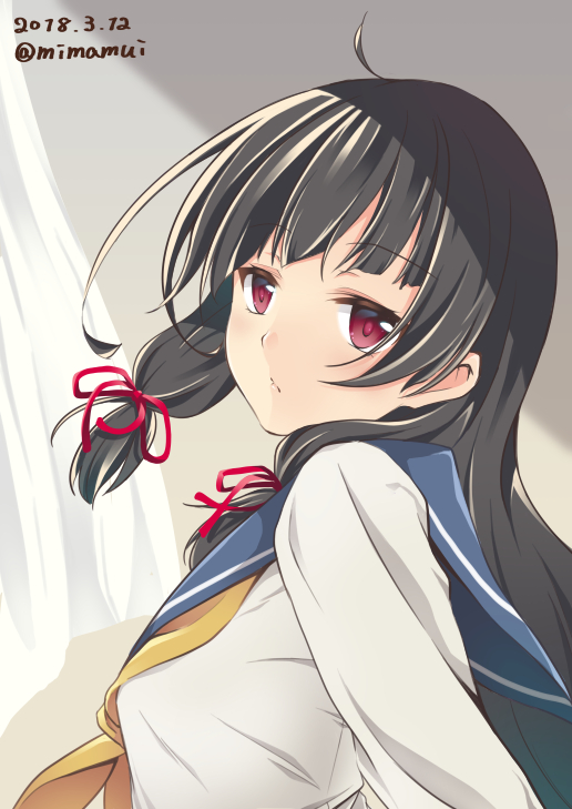 1girl black_hair blue_sailor_collar dated hair_ribbon isokaze_(kantai_collection) kantai_collection long_hair long_sleeves mimamui red_eyes red_ribbon ribbon sailor_collar school_uniform serafuku solo tress_ribbon twitter_username