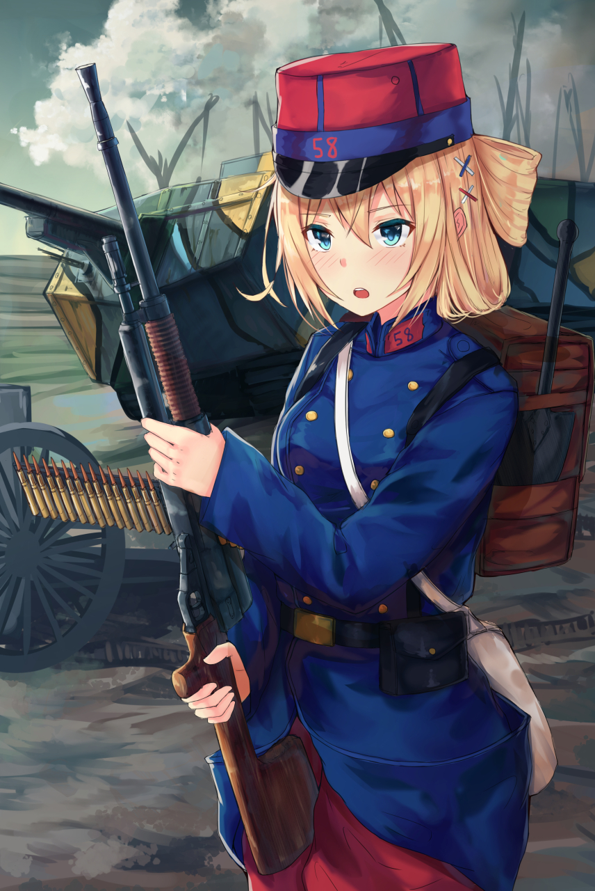 1girl backpack bag belt blonde_hair blush bullet clouds green_eyes ground_vehicle gun hair_ornament highres karo-chan kepi light_machine_gun load_bearing_equipment long_hair m1909 machine_gun military military_vehicle motor_vehicle original saint_chamond sky soldier tank war weapon world_war_i x_hair_ornament