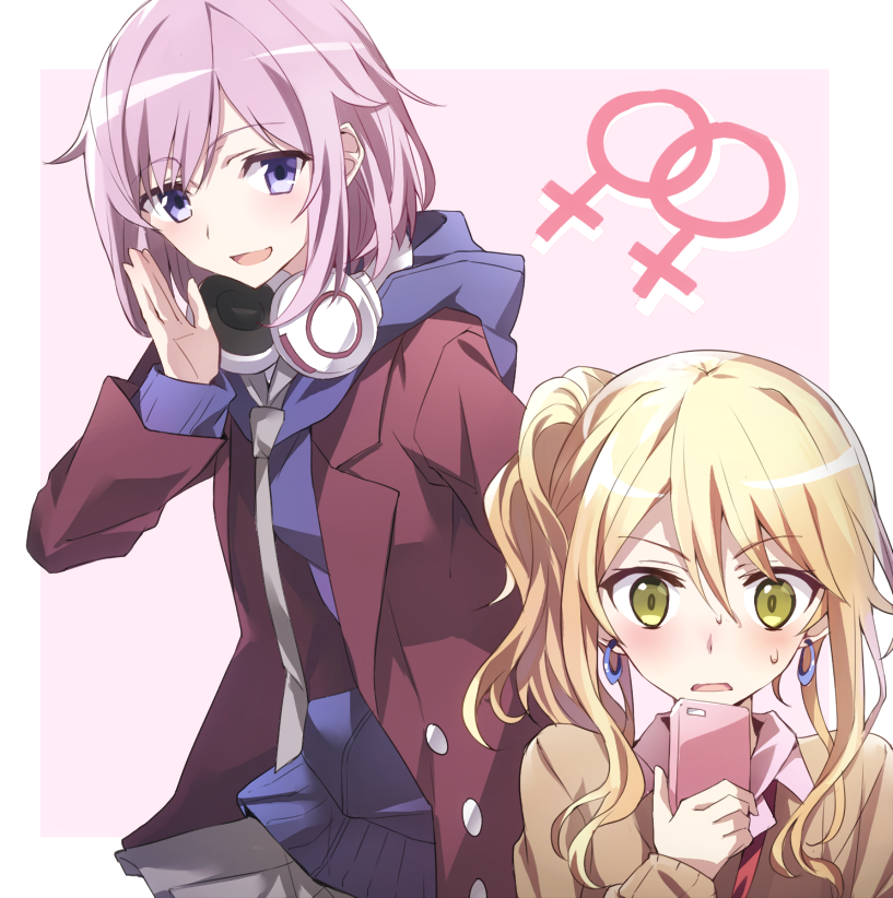 2girls aihara_yuzu blonde_hair blush citrus_(saburouta) commentary_request earrings green_eyes headphones headphones_around_neck jewelry long_hair mizusawa_matsuri multiple_girls pink_hair school_uniform short_hair side_ponytail smile tsuedzu violet_eyes yuri