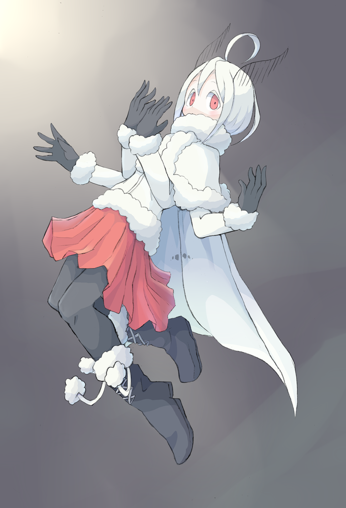 1girl 4139 ahoge albino antennae blush boots covered_mouth fur_trim gloves looking_at_viewer monster_girl moth_girl moth_wings multiple_arms original red_eyes simple_background skirt thighs white_hair wings winter_clothes