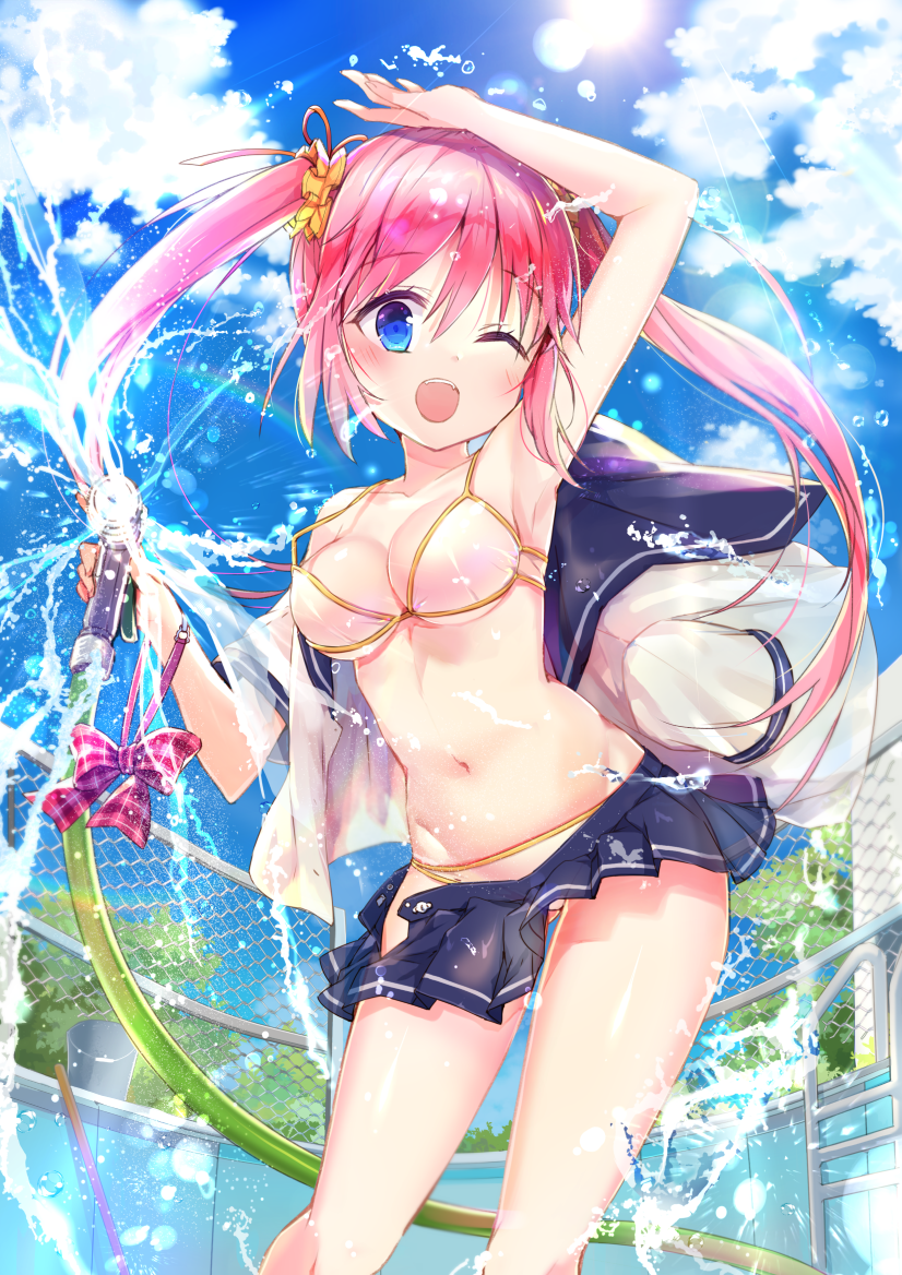 1girl ;d arm_up armpits bikini bikini_under_clothes blue_eyes blue_skirt blue_sky blush bow bowtie_removed breasts broom bucket cleavage commentary_request day empty_pool eyebrows_visible_through_hair gluteal_fold hair_ribbon hand_on_own_head holding hose jin_young-in long_hair looking_at_viewer medium_breasts miniskirt moe2018 navel off_shoulder one_eye_closed open_clothes open_mouth open_shirt original outdoors pink_bow pink_hair plaid plaid_bow pleated_skirt pool pool_ladder rainbow red_ribbon revision ribbon shiny shiny_hair shiny_skin shirt short_sleeves sidelocks skirt sky smile solo splashing stomach strap_gap sun sunlight swimsuit tareme twintails walking white_bikini white_shirt