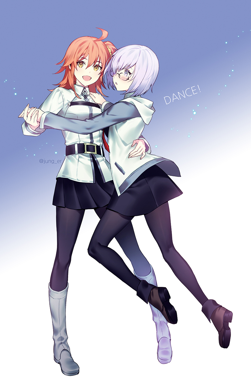 2girls :d :o ahoge ankle_boots arm_around_waist bangs belt belt_buckle black_legwear black_skirt boots brown_footwear buckle collared_shirt english erjung eyebrows_visible_through_hair fate/grand_order fate_(series) fujimaru_ritsuka_(female) full_body glasses gradient gradient_background grey_jacket hair_ornament hair_over_one_eye hair_scrunchie hand_holding hand_on_another's_shoulder highres hood hooded_jacket jacket knee_boots light_particles long_hair long_sleeves looking_at_viewer midair miniskirt multiple_girls one_side_up open_mouth orange_hair pantyhose pink_eyes pink_hair pleated_skirt purple_background scrunchie shirt skirt smile standing standing_on_one_leg track_jacket twitter_username white_footwear white_shirt yellow_eyes