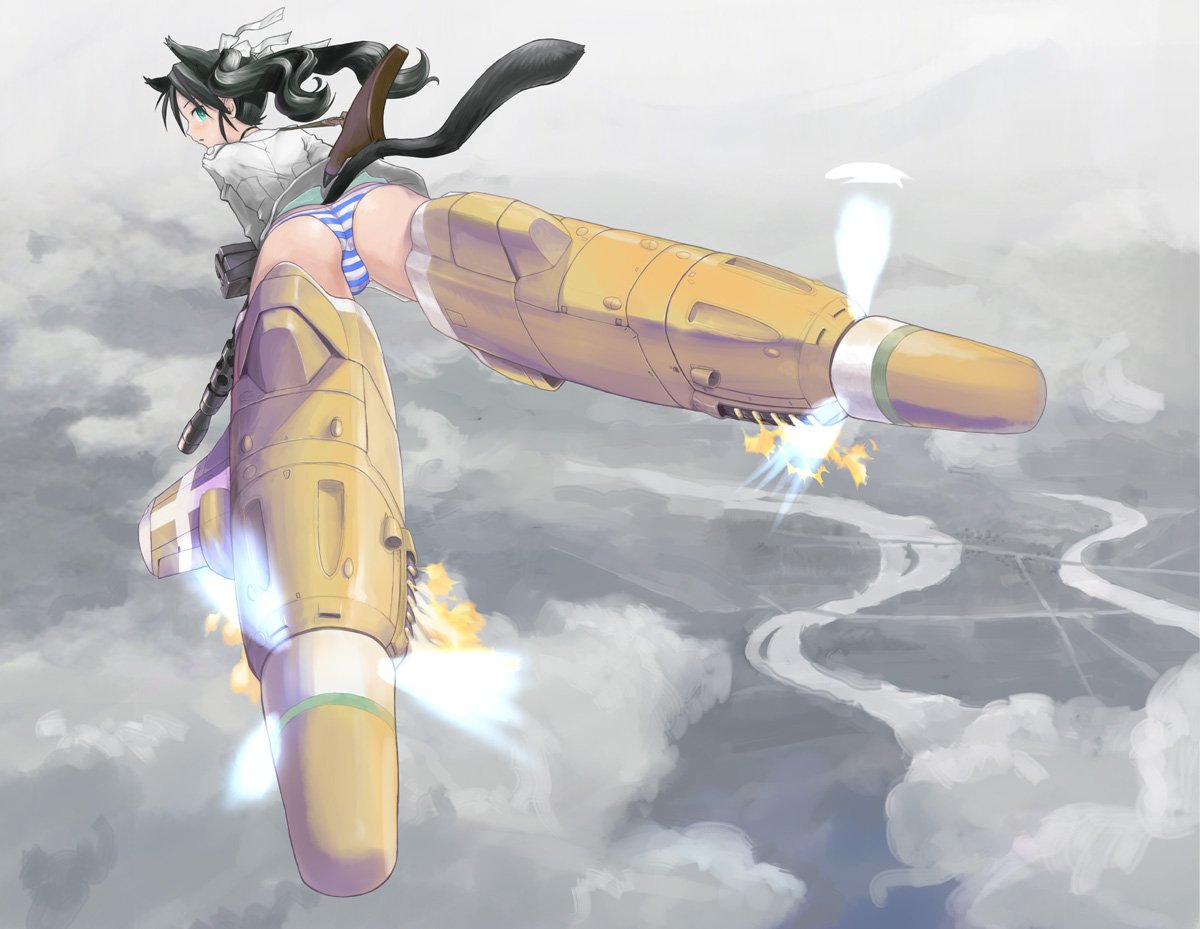 1girl animal_ears ass bridge cat_ears cat_tail clouds exhaust fire flying_sweatdrops francesca_lucchini gun karappa looking_at_viewer looking_back machine_gun panties river solo strike_witches striker_unit striped striped_panties tail thighs underwear weapon weapon_request world_witches_series