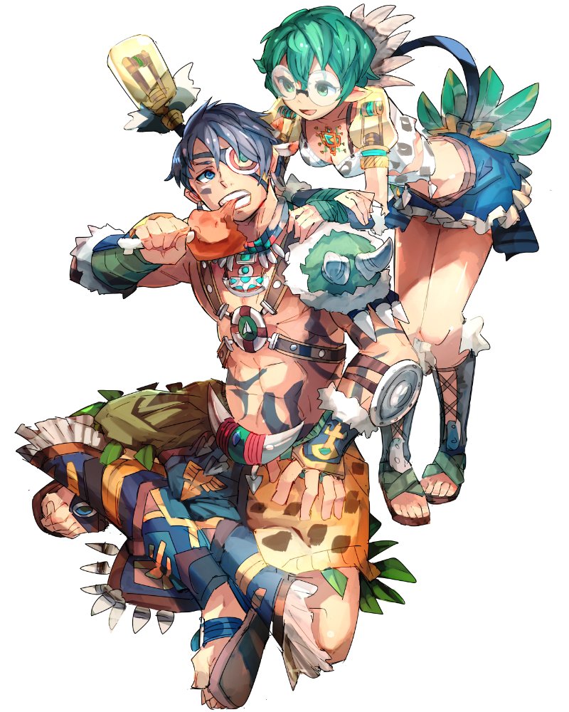 1boy 1girl bare_shoulders curly_hair eyepatch feathers food geetgeet glasses gloves hair_feathers hat headband pointy_ears saika_(xenoblade) seiken_densetsu seiken_densetsu_2 short_hair sieg_b_goku_genbu smile white_background xenoblade xenoblade_2