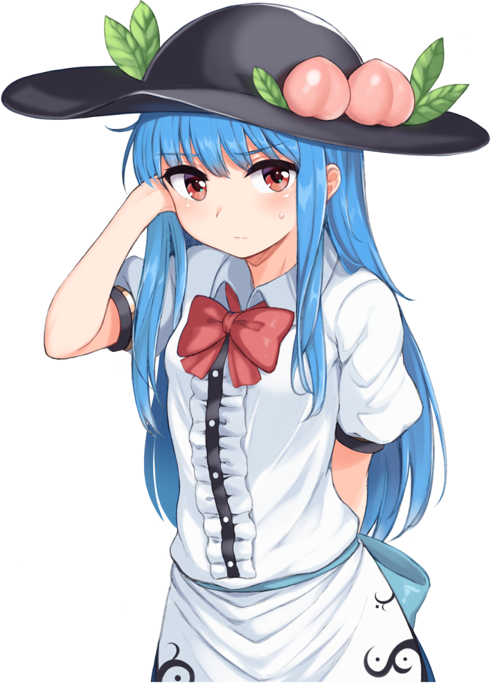 1girl arm_behind_back arm_up bangs black_hat blush bow bowler_hat bowtie center_frills closed_mouth commentary_request cowboy_shot eyebrows_visible_through_hair food frilled_shirt frills fruit hand_in_hair hat hat_ornament hinanawi_tenshi leaf long_hair looking_at_viewer momoiro_lettuce peach puffy_short_sleeves puffy_sleeves red_bow red_eyes red_neckwear shirt short_sleeves sidelocks simple_background skirt solo standing straight_hair sweatdrop tareme touhou white_background white_skirt