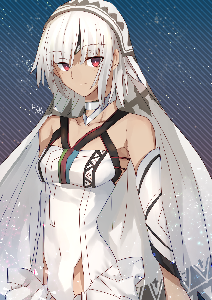 1girl altera_(fate) bare_shoulders breasts collarbone covered_navel dark_skin detached_sleeves diagonal-striped_background diagonal_stripes dress fate/extella fate/extra fate_(series) highres long_sleeves nikame short_hair small_breasts solo veil white_dress white_hair