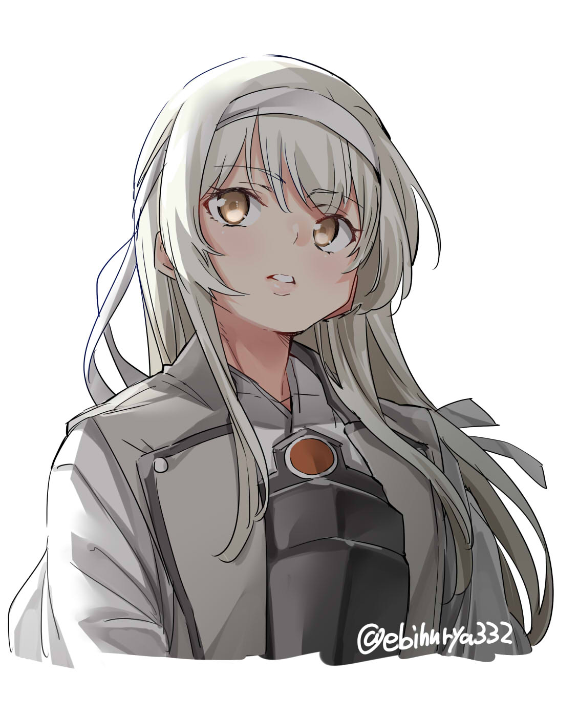 1girl breastplate ebifurya from_below highres japanese_clothes kantai_collection long_hair parted_lips shoukaku_(kantai_collection) solo twitter_username upper_body white_hair white_headband yellow_eyes