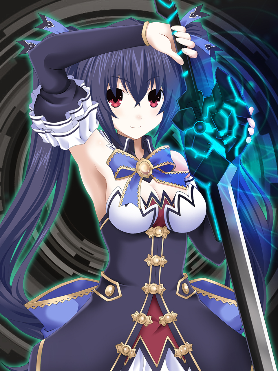 1girl armpits bare_shoulders black_hair breasts cleavage detached_collar detached_sleeves glowing glowing_sword glowing_weapon hair_ribbon highres holding holding_sword holding_weapon kagura_ittou long_hair looking_at_viewer medium_breasts neptune_(series) noire red_eyes ribbon smile solo sword twintails very_long_hair weapon