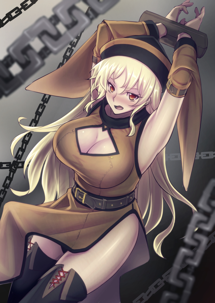 1girl armpits arms_up belt black_hat blonde_hair boots bound bound_wrists breasts chains cleavage cuffs detached_sleeves dress hat jonylaser long_hair long_sleeves looking_at_viewer matara_okina open_mouth panties skirt solo tabard thigh-highs thigh_boots touhou underwear wide_sleeves yellow_eyes