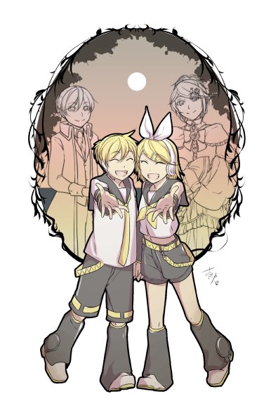 2boys 2girls :d allen_avadonia anniversary blonde_hair brother_and_sister closed_eyes detached_sleeves hair_ribbon ichi_ka kagamine_len kagamine_rin multiple_boys multiple_girls open_mouth outstretched_hand ponytail ribbon riliane_lucifen_d'autriche shorts siblings smile spoilers