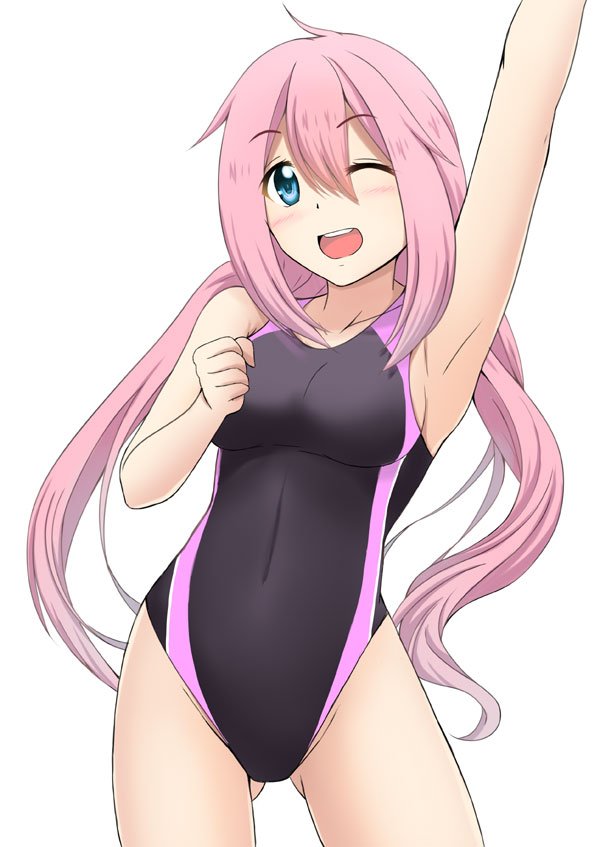 1girl ;d arm_up black_swimsuit blue_hair commentary_request contrapposto cowboy_shot fuuma_nagi gluteal_fold grey_background hair_between_eyes kagamihara_nadeshiko long_hair one_eye_closed open_mouth pink_hair simple_background smile solo standing swimsuit yurucamp