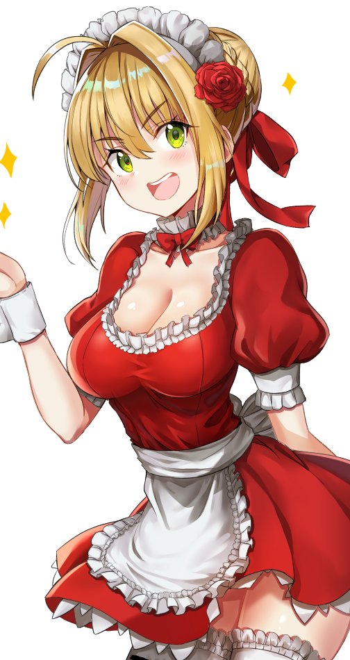 &gt;:d 1girl ahoge alternate_costume apron arm_behind_back blush bow bowtie breasts cleavage collarbone dress enmaided eyebrows_visible_through_hair fate/extra fate_(series) flower frilled_apron frilled_dress frilled_sleeves frills hair_flower hair_ornament hair_ribbon hiroki_(hirokiart) leaning_forward leg_garter looking_at_viewer maid maid_headdress medium_breasts neck_garter nero_claudius_(fate) nero_claudius_(fate)_(all) puffy_short_sleeves puffy_sleeves red_bow red_dress red_flower red_neckwear red_ribbon red_rose ribbon rose round_teeth shiny shiny_skin short_sleeves sidelocks simple_background solo tareme teeth thigh-highs v-shaped_eyebrows waist_apron white_apron white_background wrist_cuffs zettai_ryouiki