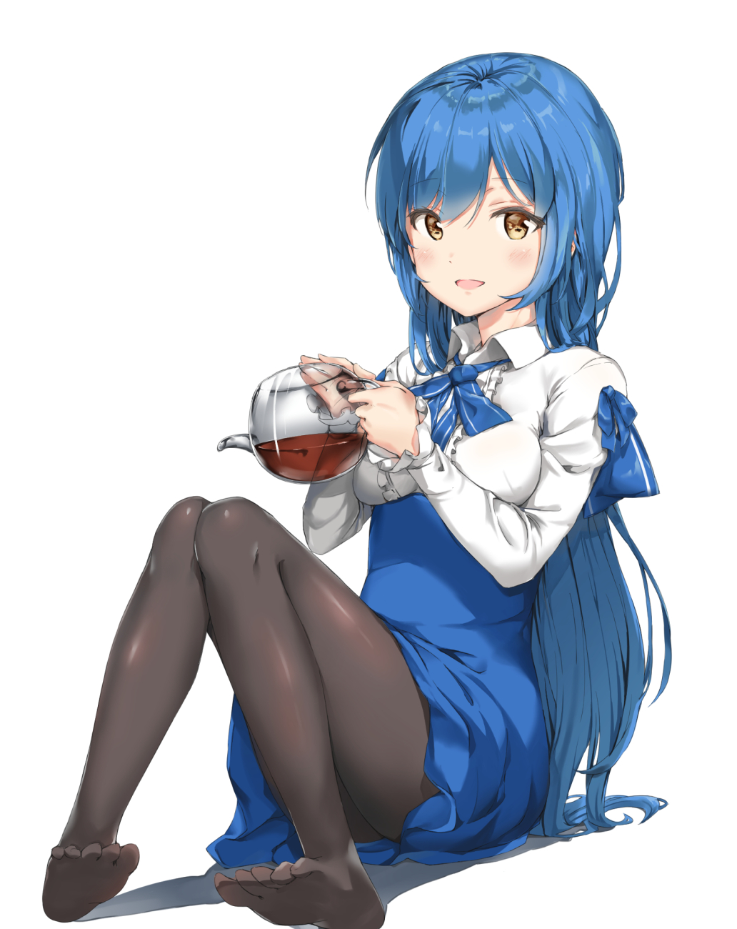 1girl bangs blue_hair blue_skirt bow breasts brown_eyes eyebrows_visible_through_hair frilled_shirt frilled_sleeves frills girls_frontline highres knees_together_feet_apart knees_up long_hair long_sleeves medium_breasts neck_bow no_shoes open_mouth pantyhose pixel_(yuxian) shirt sitting skirt smile swept_bangs tar-21_(girls_frontline) tea teapot white_shirt