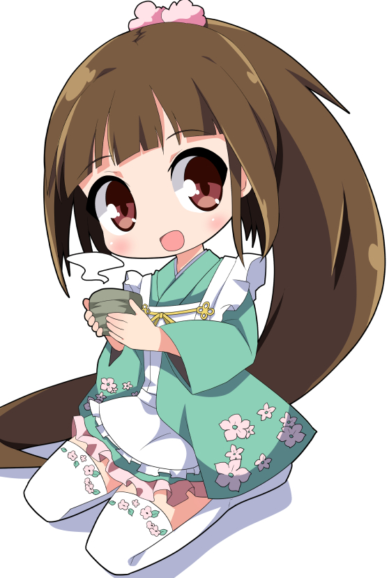 1girl :d apron bangs blush brown_eyes brown_hair commentary_request eyebrows_visible_through_hair floral_print frilled_apron frills full_body green_kimono head_tilt holding japanese_clothes kimono long_hair long_sleeves looking_at_viewer open_mouth osaragi_mitama oshiro_project oshiro_project_re ponytail print_kimono print_legwear seiza sitting smile solo steam thigh-highs very_long_hair white_apron white_background white_legwear wide_sleeves yoita_(oshiro_project)