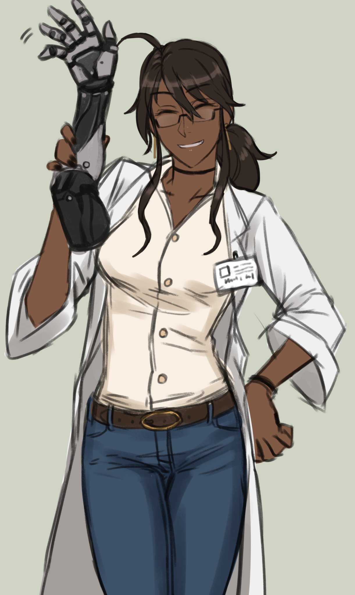 1girl ahoge belt belt_buckle breasts brown_eyes brown_hair buckle choker closed_eyes collarbone cowboy_shot dark_skin denim drill_(emilio) earrings eyebrows_visible_through_hair glasses grey_background hand_on_hip highres holding jeans jewelry labcoat long_hair medium_breasts myra_(drill_(emilio)) name_tag original pants ponytail prosthesis prosthetic_arm shirt simple_background smile solo standing teeth