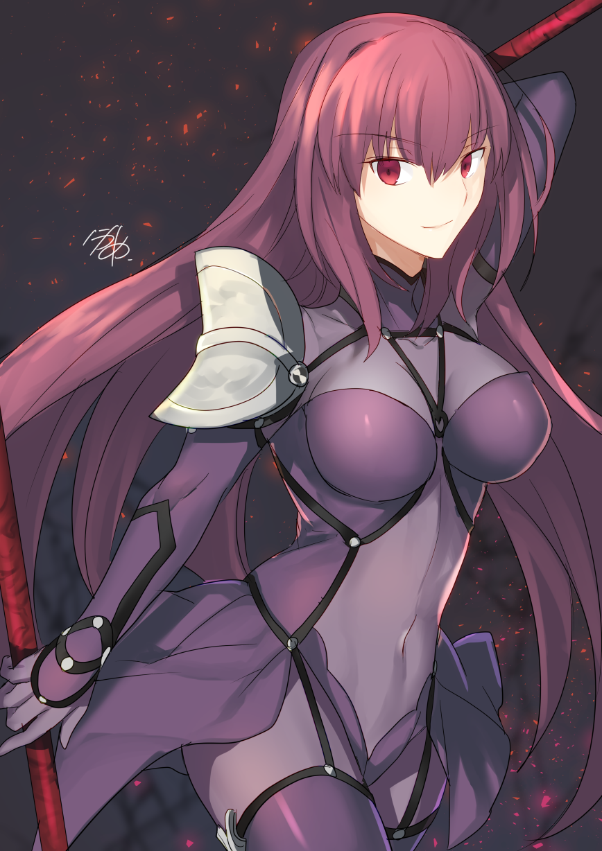 1girl bodysuit breasts closed_mouth covered_collarbone covered_navel dual_wielding eyebrows_visible_through_hair fate/grand_order fate_(series) gae_bolg highres holding holding_spear holding_weapon impossible_bodysuit impossible_clothes large_breasts light_smile long_hair looking_at_viewer nikame polearm purple_bodysuit purple_hair red_eyes scathach_(fate/grand_order) signature smile solo spear weapon