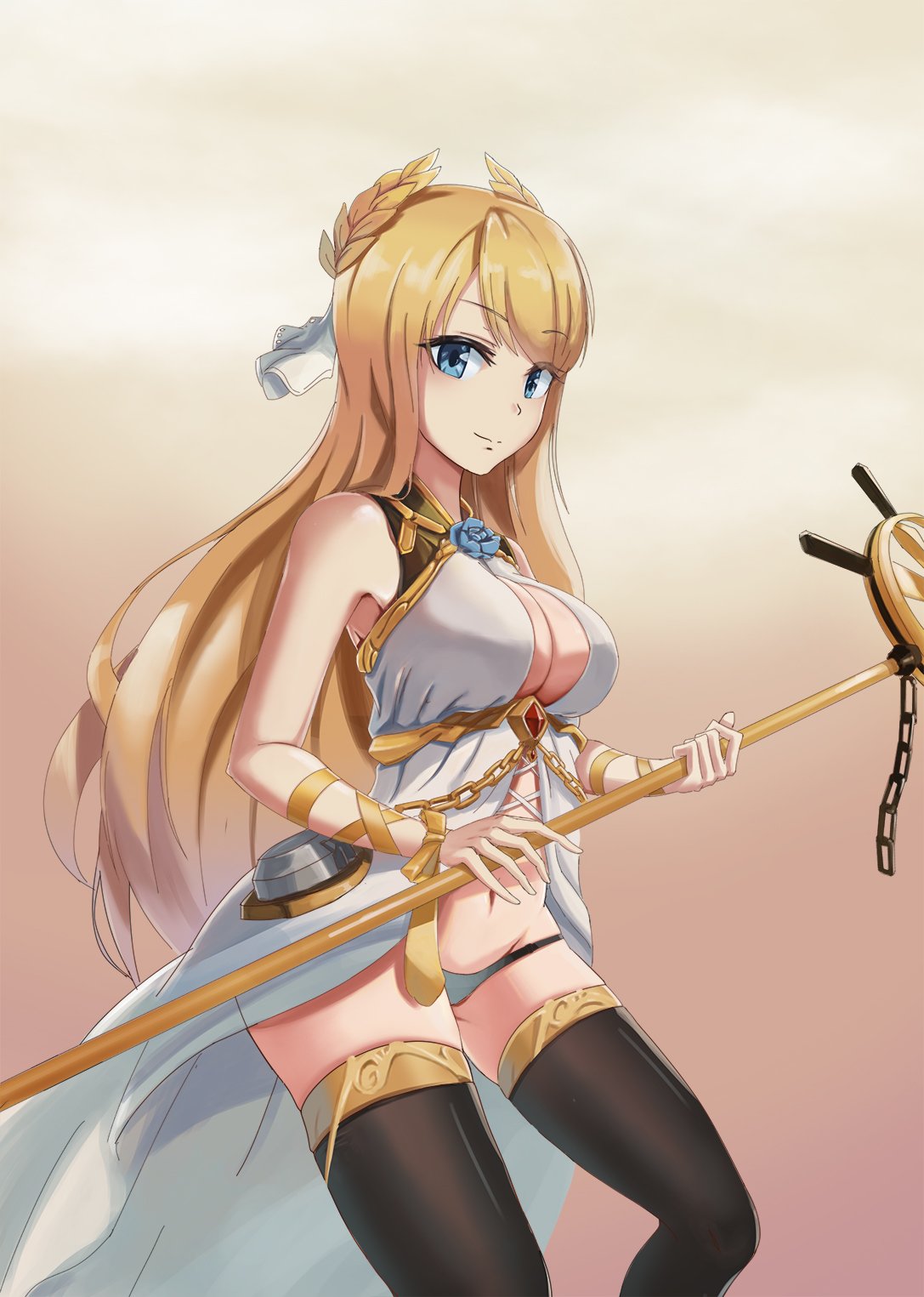 1girl armpits azur_lane bare_shoulders black_legwear black_panties blonde_hair blue_eyes breasts cleavage commentary_request eyebrows_visible_through_hair flower_ornament gan-viking highres holding holding_staff jewelry laurel_crown long_hair looking_at_viewer medium_breasts navel panties ribbon rigging simple_background sleeveless solo staff standing thigh-highs thighs turret underwear veil very_long_hair victorious_(azur_lane) wrist_ribbon