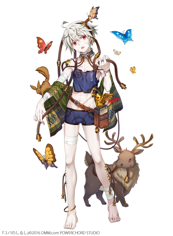1boy ahoge bandage biting butterfly cable character_request choker copyright_name deer feet hairband jewelry legs looking_at_viewer navel open_mouth pipes pouch red_eyes ring scar short_hair short_shorts shorts simple_background solo squirrel standing standing_on_one_leg taranbo white_hair wrist_cuffs yuba_no_shirushi